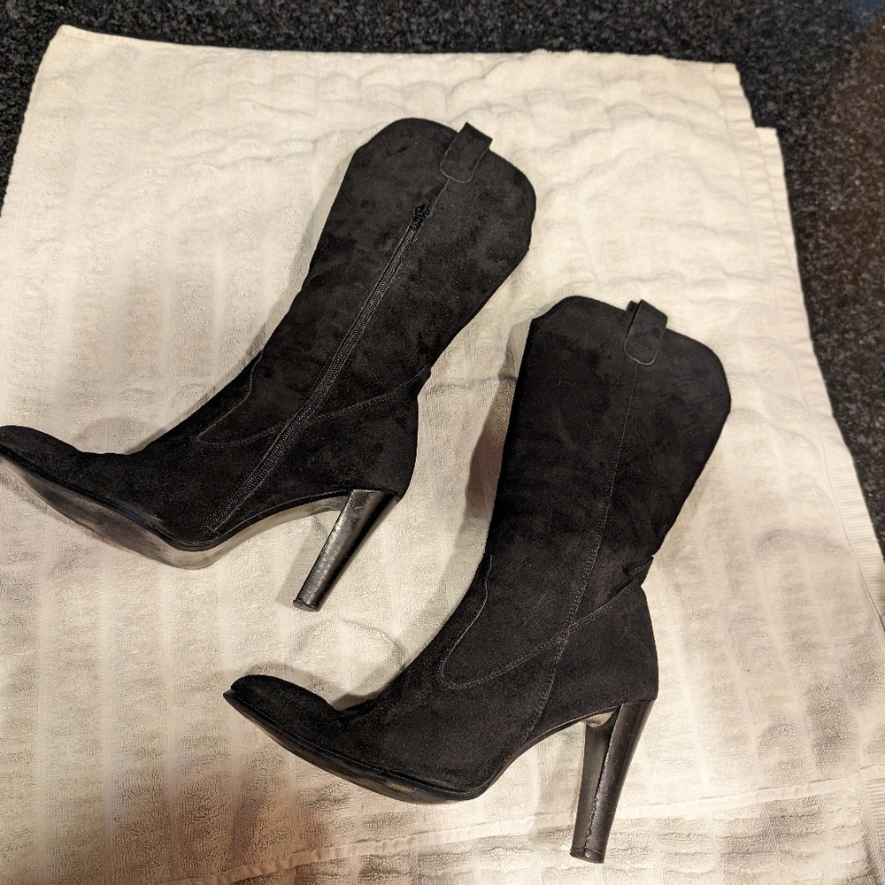 Black suede leather high heels boot size 9